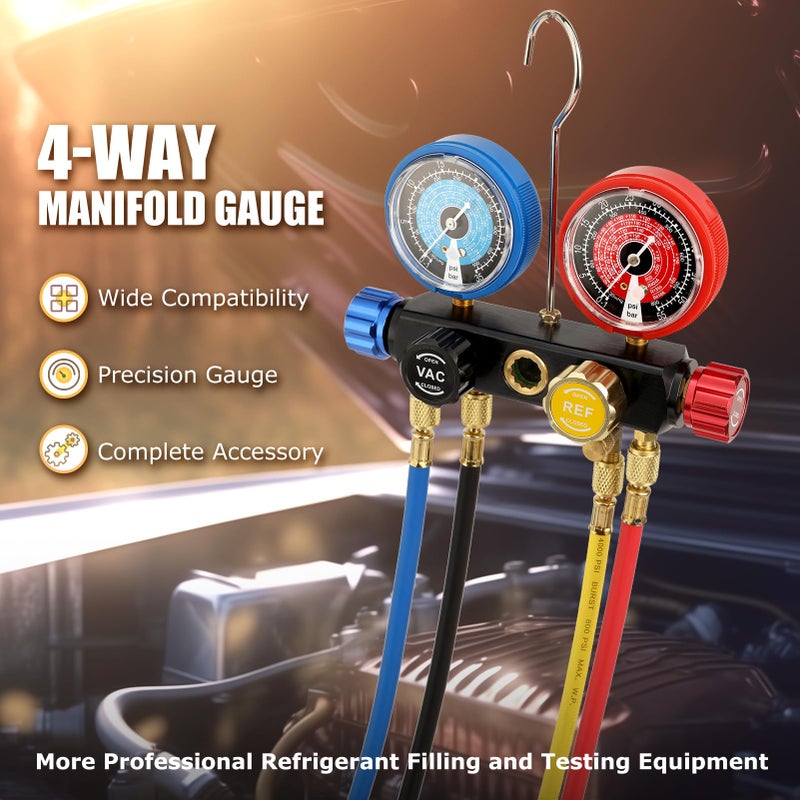 AURELIO TECH UPGRATED Version 4 Way A/C Manifold Gauge Set Fits R134A R410A R404A R22 Refrigerants with 5FT Hose, 3 Acme Tank Adapters, Adjustable Couplers and Can Tap - Image 2